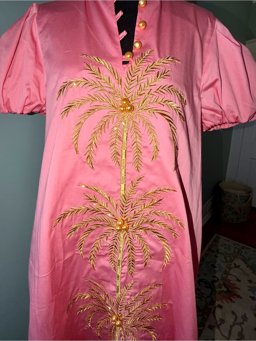 Pink Embroidered Mini Dress with Gold Palm Motif - Picture 3 of 3